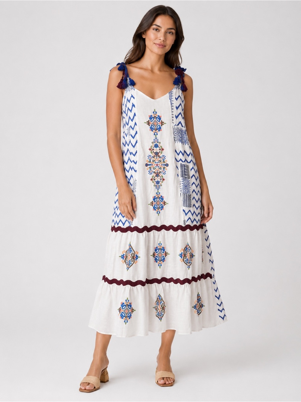 See and Be Seen Dress  Boho Maxi  Sundress Tassel Tie Straps White Blue S 11/5